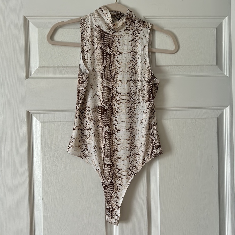 Snake print high neck thong bodysuit